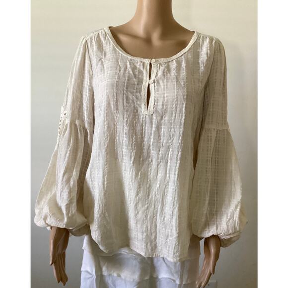 Max Studio London Cream Peasant embroidered balloon sleeves  boho M - Picture 1 of 8